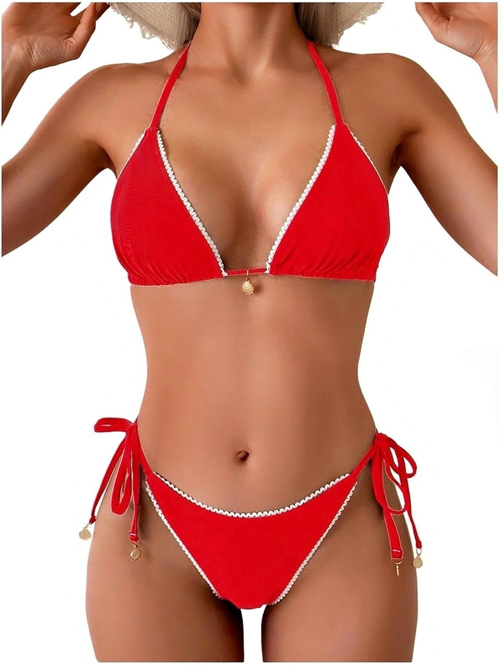 Red Triangle String Bikini Set White Trim Size Medium